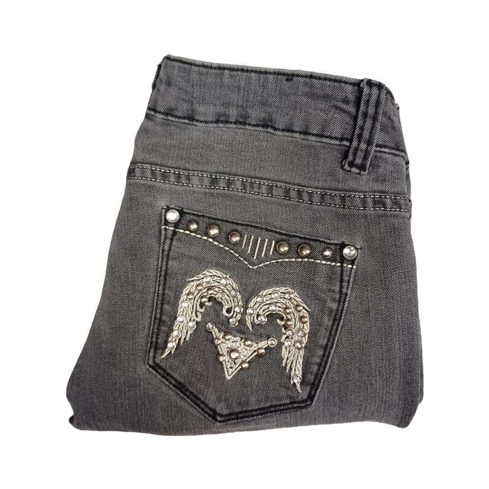 LUICE'S JEANS Gray Angel Wing Embroidered Studded Skinny Faded Black Jeans 11